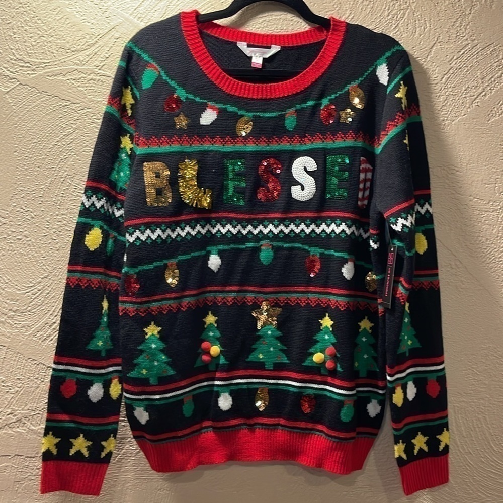 NWT Ugly Christmas sweater party blessed lights trees Sz XXL Juniors